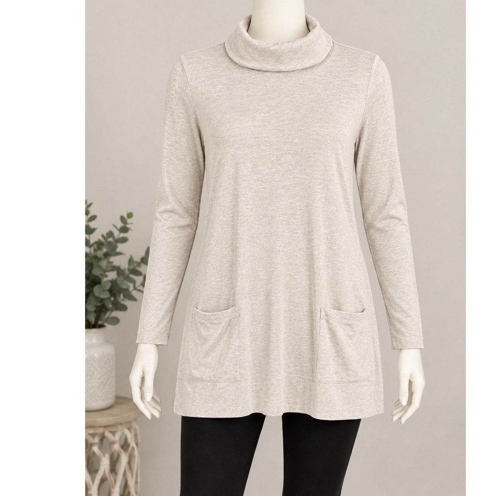 J. Jill Perfect Pima Cotton Turtleneck Tunic Oatmeal Heather XL Petite Pockets